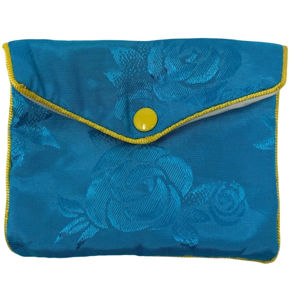 Vintage 90s Small Blue Floral Satin Storage Pouch Snap Closure Organizer